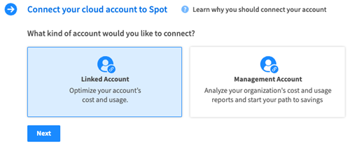 AWS linked account setup screen displaying fields for stack name, account ID, and role selection with instructions for connecting a linked AWS account to Spot. The interface is clean and user-friendly, designed to guide users through the process efficiently. On-screen text includes Stack name, Account ID, Role, and Next. The environment is professional and instructional, supporting users in completing the connection process with clarity and confidence.